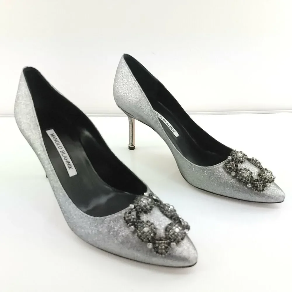Manolo Blahnik Metallic Silver Hangisi 80 mm Notturno SZ 38 Pointy Glitter $1085